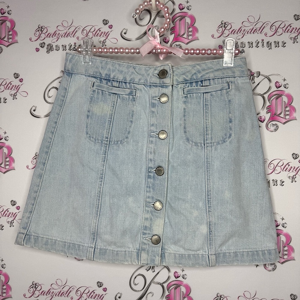 Top shop skirt button up jean Light Blue Denim Skirt cute boho moto